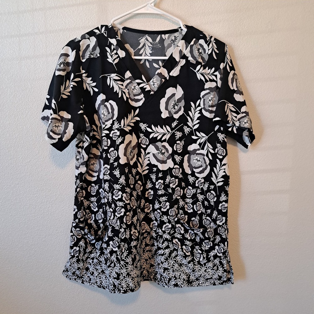 Butter-Soft Stretch Scrub Top Womens Medium Black White Floral V-Neck Pocket